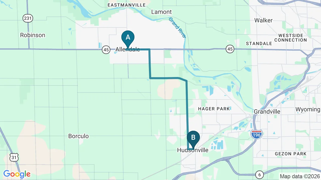 Driving directions map from Allendale, MI to Aligned Medical Group in Malvern