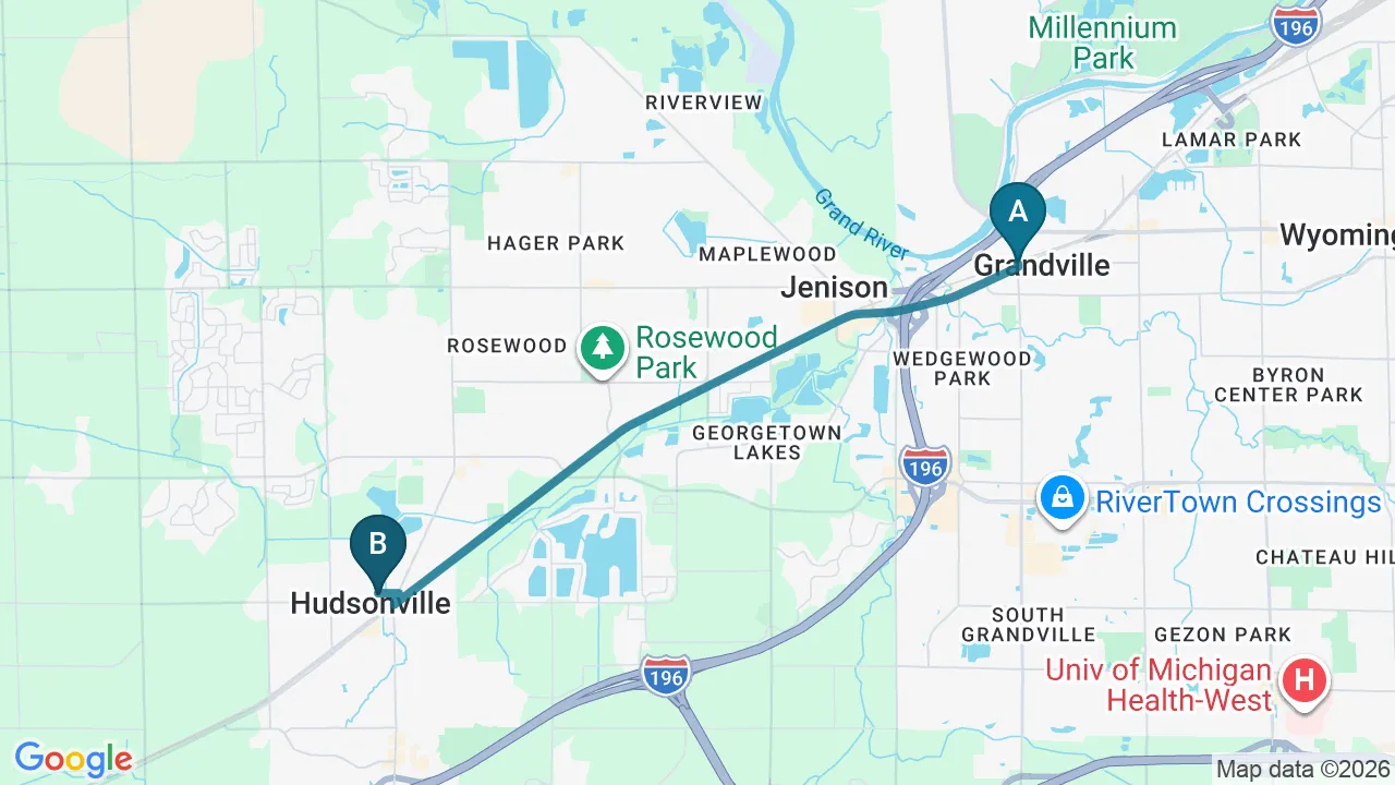 Driving directions map from Grandville, MI to Aligned Medical Group in Malvern