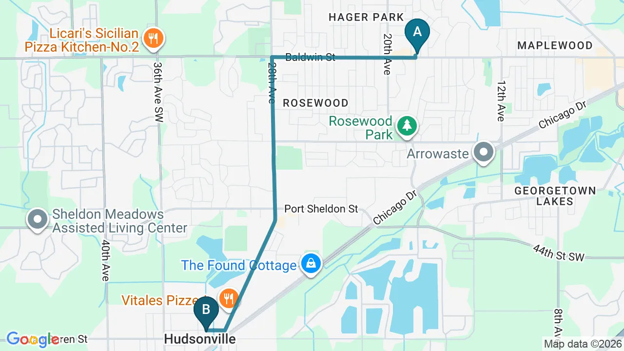 Driving directions map from Jenison, MI to Aligned Medical Group in Malvern