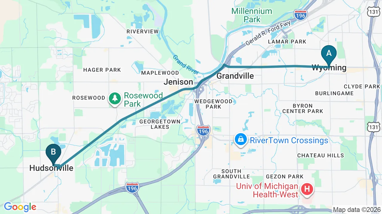 Driving directions map from Wyoming, MI to Aligned Medical Group in Malvern