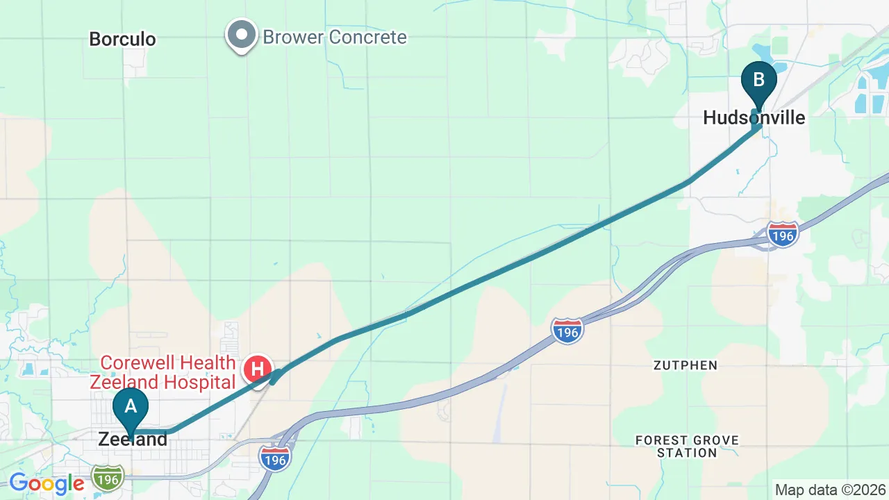 Driving directions map from Zeeland, MI to Aligned Medical Group in Malvern
